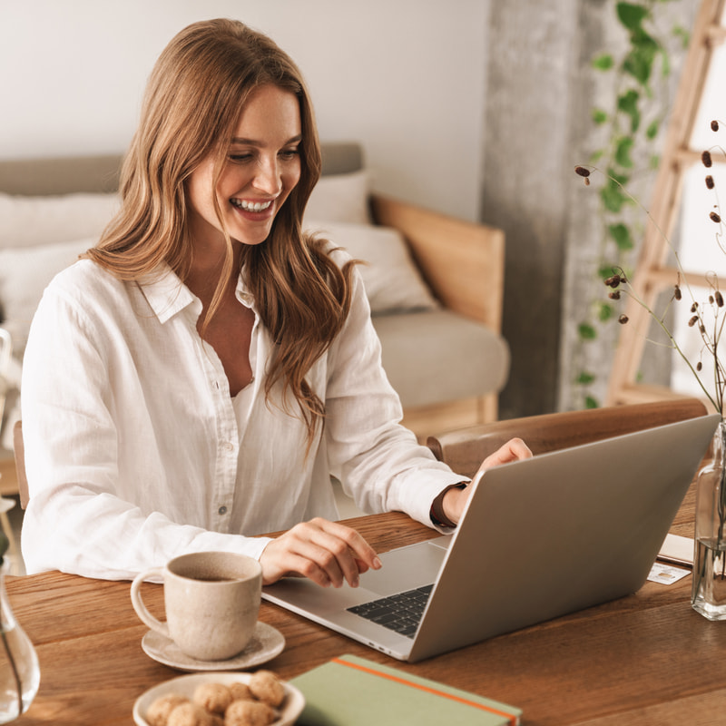 woman at home doing research
