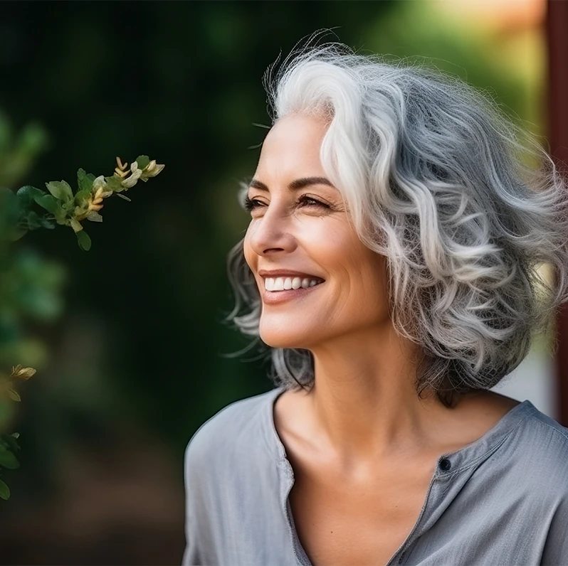 happy mature woman with clear, radiant skin