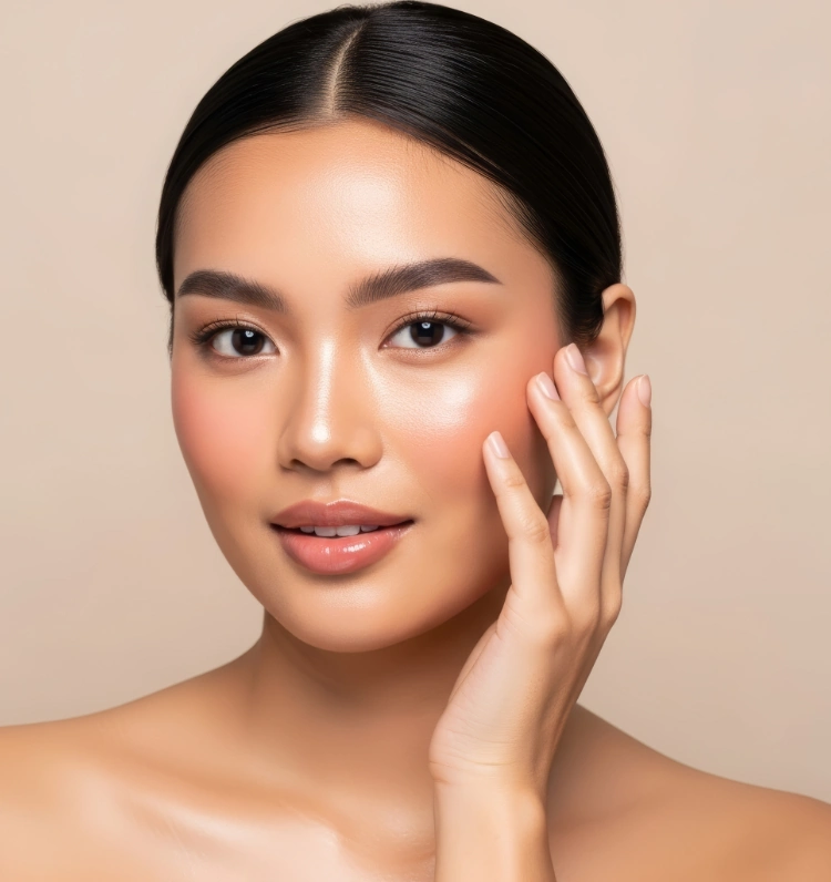 woman touching smooth, clear skin